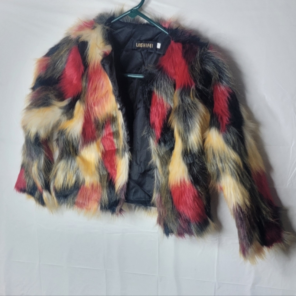 Kids Faux Fur Jacket - Red, Yellow, Black